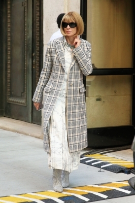Анна Винтур в длинном платье с креативным принтом и пальто в клетку
