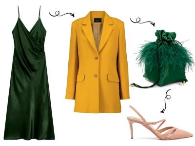 Модный образ с зеленым платьем комбинация и желтым блейзером оверсайз