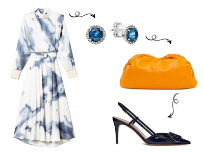 Модный образ с голубым платьем миди