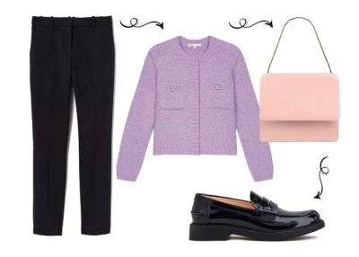 Черные прямые брюки, фиолетовый жакет и лакированные лоферы