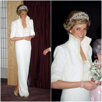 Принцесса Диана в роскошном белом платье до пола с жемчугом, образ завершает диадема