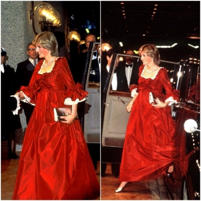 Принцесса Диана в сказочном красном платье до пола с рюшами и бантами