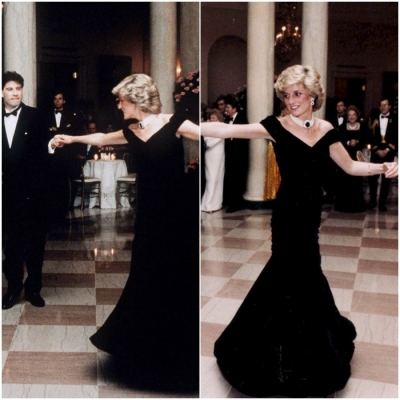 Принцесса Диана в вечернем черном платье макси с открытым декольте